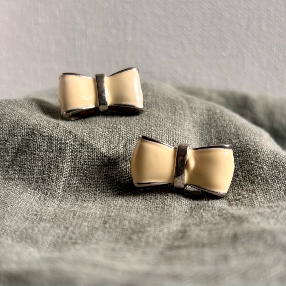 Cream Enamel Bow Stud Earrings